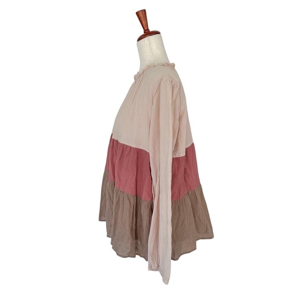 &Merci Blouse Size Large Tricolor Ruffled Blouse Southern Preppy Boho Colorblock - Picture 4 of 11